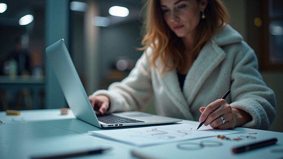 Eye-level view of a fashion designer using AI tools to create innovative designs