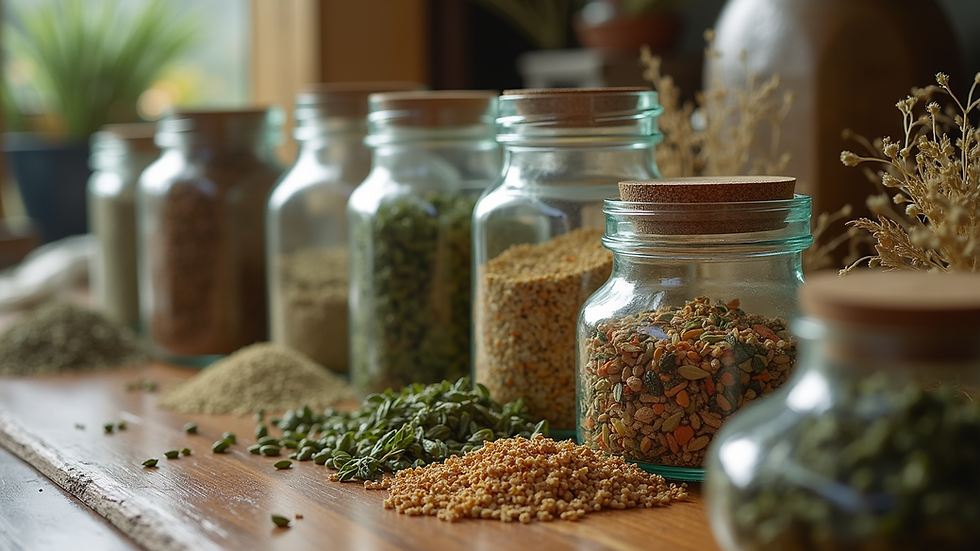 Close-up view of assorted dried herbs in glass jars