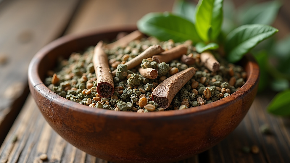 Close-up view of dried herbs and roots in a wooden bowl