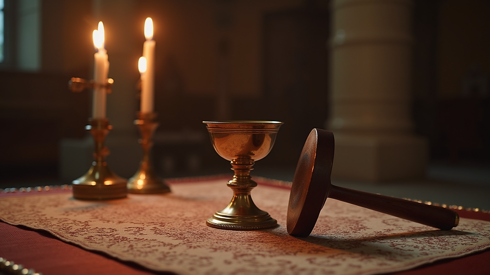 Eye-level view of a wooden athame and chalice on a ritual altar