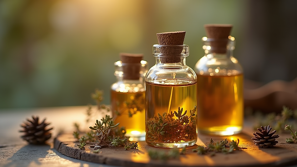 Close-up view of glass bottles containing ritual oils with dried herbs