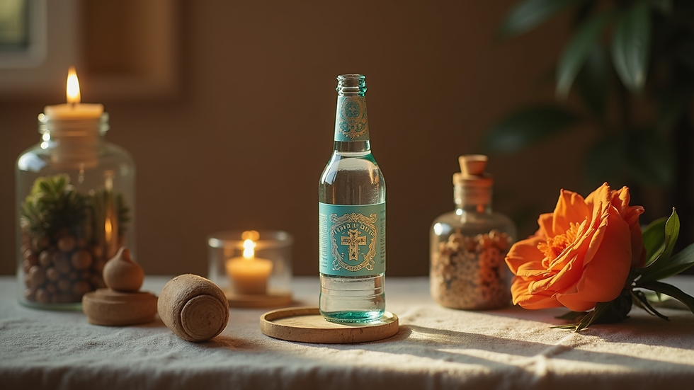 Eye-level view of a small altar with Florida Water bottle and spiritual items