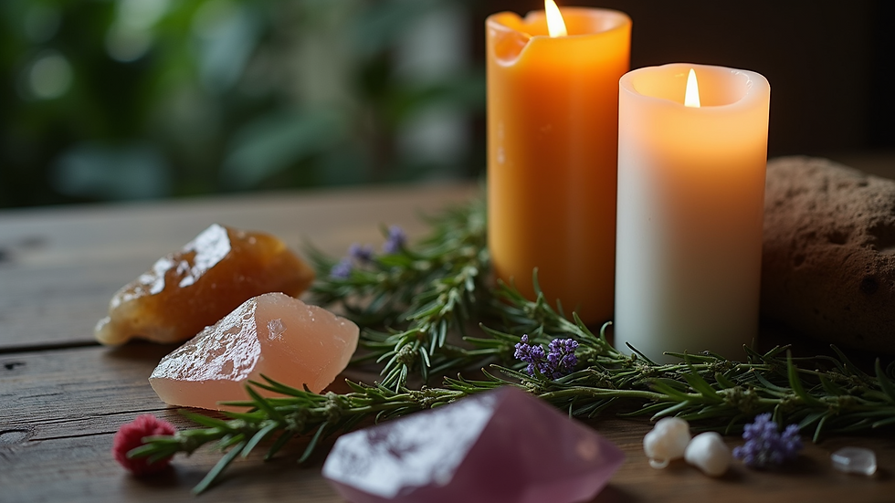 Eye-level view of a wooden table with herbs, candles, and crystals arranged for a ritual