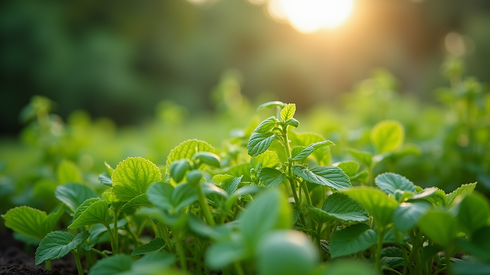 Wide angle view of a vibrant green herb garden