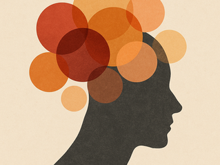 Silhouette of a head with overlapping orange and red circles above it, suggesting abstract thought on a beige background.