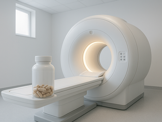 MRI machine in a clean, white room, with a bottle of pills on the tray. Soft lighting creates a calm, sterile atmosphere.