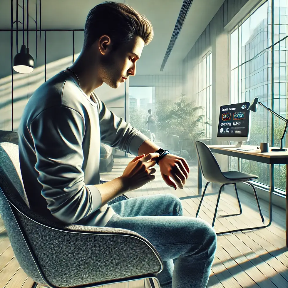 Man in a modern office checking smartwatch while seated. Sunlit room with city view, computer screen displaying charts, calm ambiance.