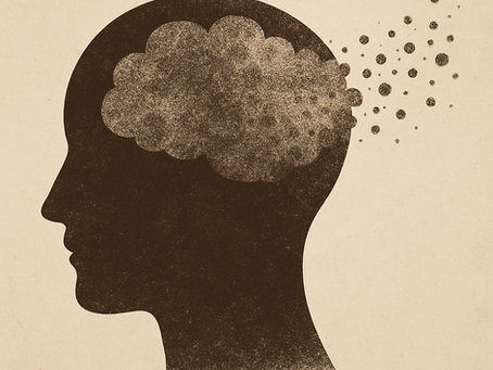 Silhouette of a head with a textured brain dispersing into dots, symbolizing memory loss. Beige background creates a contemplative mood.