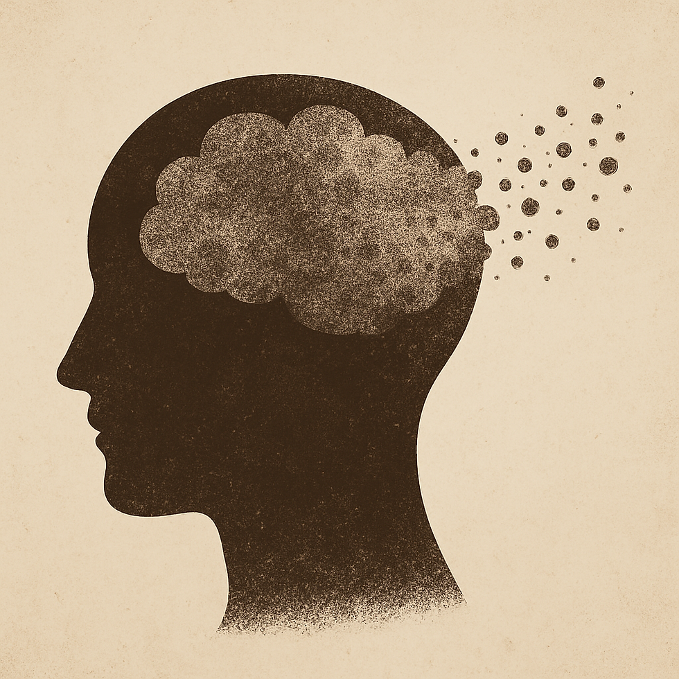 Silhouette of a head with a textured brain dispersing into dots, symbolizing memory loss. Beige background creates a contemplative mood.