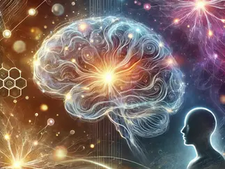 Digital art of a glowing brain with neural patterns and a silhouetted human profile. Vivid colors and hexagonal designs create a futuristic mood.