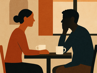 Two people sit at a table with coffee cups in a cafe, engaged in conversation. The design has muted earth tones and a calm atmosphere.