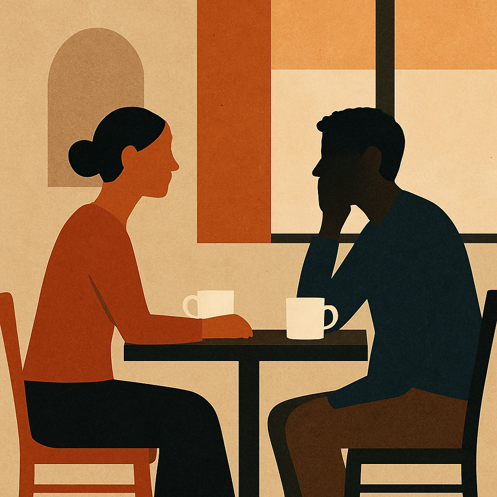 Two people sitting at a café table with coffee cups, engaged in conversation. Warm tones, minimalist style, and a calm atmosphere.