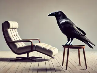 A black crow sits on a wooden stool beside a cream lounge chair in a minimalist room with a wooden floor, creating a mysterious mood.
