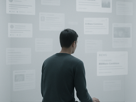 A person in a dark shirt sits in a minimalist room, facing a wall with floating social media posts. The ambiance is calm and reflective.