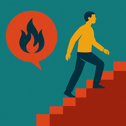 A person in yellow and navy walks up red stairs. A speech bubble with a flame icon appears on a teal background, suggesting urgency.