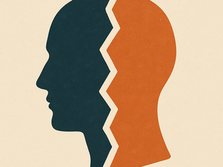 Silhouette of a head split into two sections, dark blue and orange, with a jagged line down the middle, on a beige background.