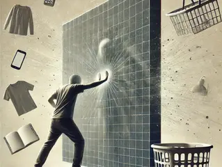 A person touches a grid-patterned wall, causing a ripple effect. Objects like clothes, phone, and basket float around. Surreal, dynamic scene.
