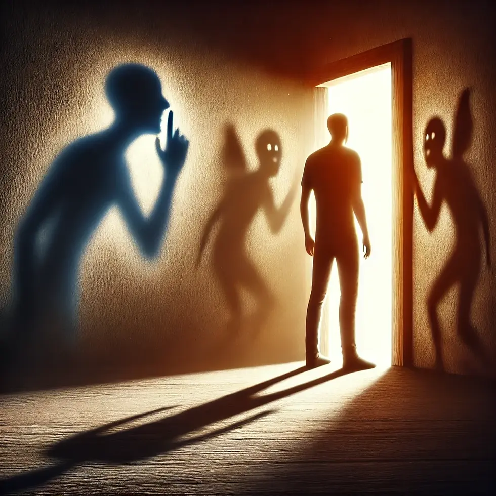 A person stands by a glowing door, casting shadows of eerie figures with glowing eyes on the wall, suggesting mystery and tension.