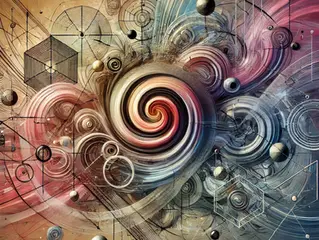 Abstract art with swirling patterns, geometric shapes, and spheres in vibrant colors. Dynamic lines create a sense of movement and chaos.
