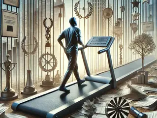A person walking on a treadmill surrounded by trophies and papers, set against a cityscape with stars and laurels hanging in the background.