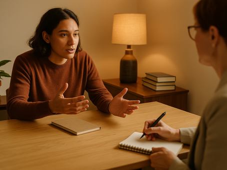 Two people in a warm-toned room: one gestures while talking, the other takes notes. A lamp, books, and a plant decorate the background.