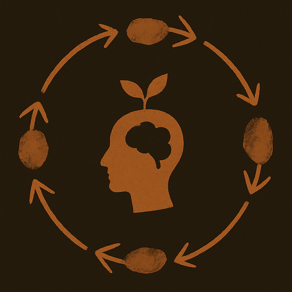 Silhouette of a head with a brain and sprout, surrounded by circular arrows and potatoes, on a dark background, symbolizing growth.