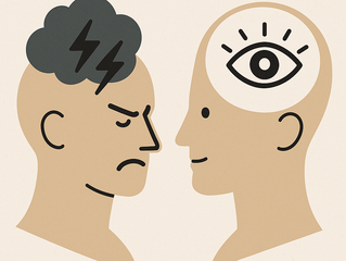 Two stylized heads face each other; one with a cloud and lightning, appearing angry, the other with an eye, appearing calm. Beige background.