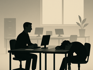 Two silhouetted figures in an office. One works at a computer while the other appears exhausted, head on the desk. Monochrome setting.