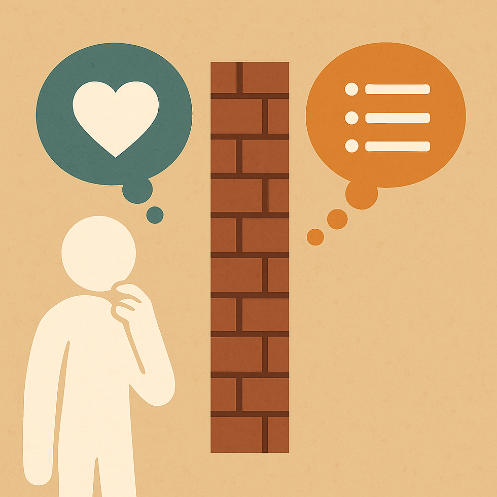 A figure ponders behind a wall. One speech bubble shows a heart, the other shows bullet points. Background is beige with a brick pattern.