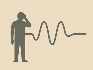 Silhouette of a person holding their head, with a line from their hand forming a wave, on a beige background.