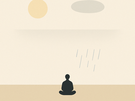 Minimalist art shows a person meditating under a sun and cloud with rain, set on a beige background. The mood is calm and balanced.