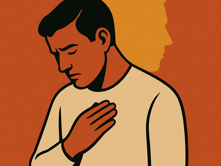 Illustration of a person holding their chest, shadowed by a yellow silhouette. The background is orange, evoking a somber mood.