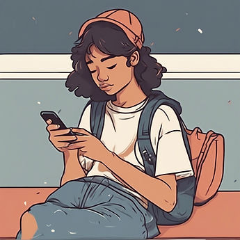 Illustration of teen sitting on a bench texting with her phone.