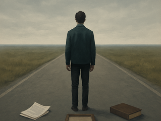 A person stands alone on an empty road, flanked by a book, papers, and an empty frame. Moody sky, grassy fields in the background.