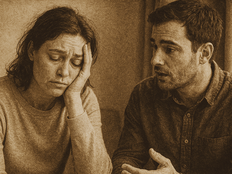 A man talks to a worried woman resting her head on her hand. The image has a sepia tone, creating a somber mood.