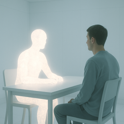 A man in gray sits across from a glowing figure at a table in a minimalist white room, creating a mysterious, tranquil atmosphere.