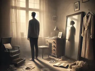A person stands by a sunlit window in a vintage room. A mirror reflects them, surrounded by scattered photos, a typewriter, and old dresses.