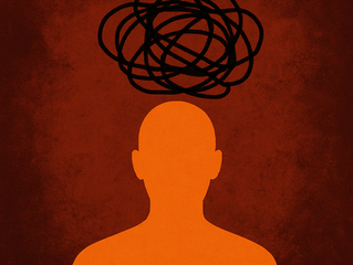 Silhouette of a person with a black scribble above their head, against an orange-brown textured background, suggesting confusion.