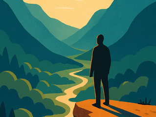 Silhouette of a person standing on a cliff overlooking a winding river and mountains at sunset. Warm tones and serene atmosphere.