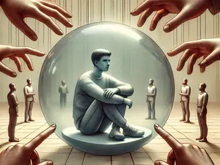 Man sitting in glass sphere, surrounded by hands and onlookers. Muted tones, emotional isolation, tiled background.