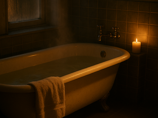 A dimly lit bathroom with a clawfoot tub, candlelight, and a towel draped over the tub. Open book on tiled floor adds a serene mood.