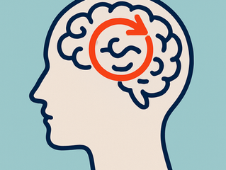 Silhouette of a head with a brain outlined, featuring a red arrow circling inside, on a light blue background, symbolizing brainstorming.