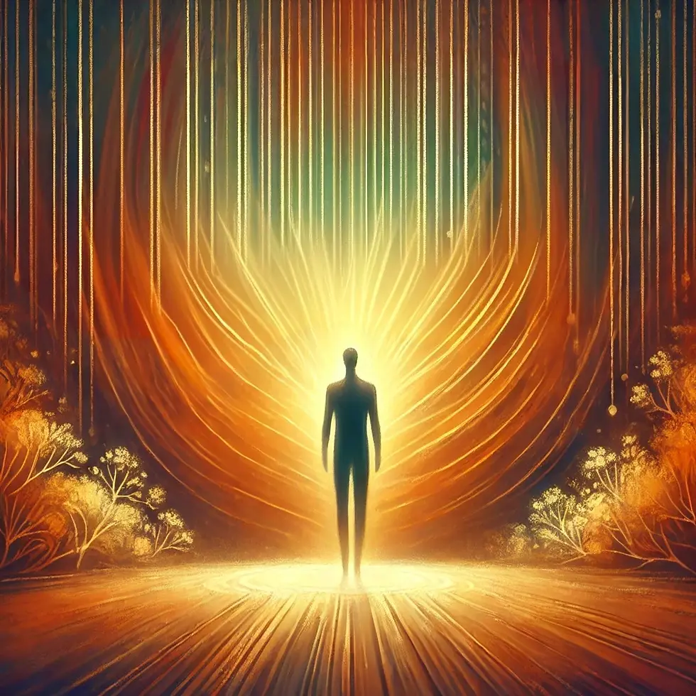 Silhouette of a person bathed in radiant golden light, standing in an ethereal, warm-toned forest setting with glowing foliage.