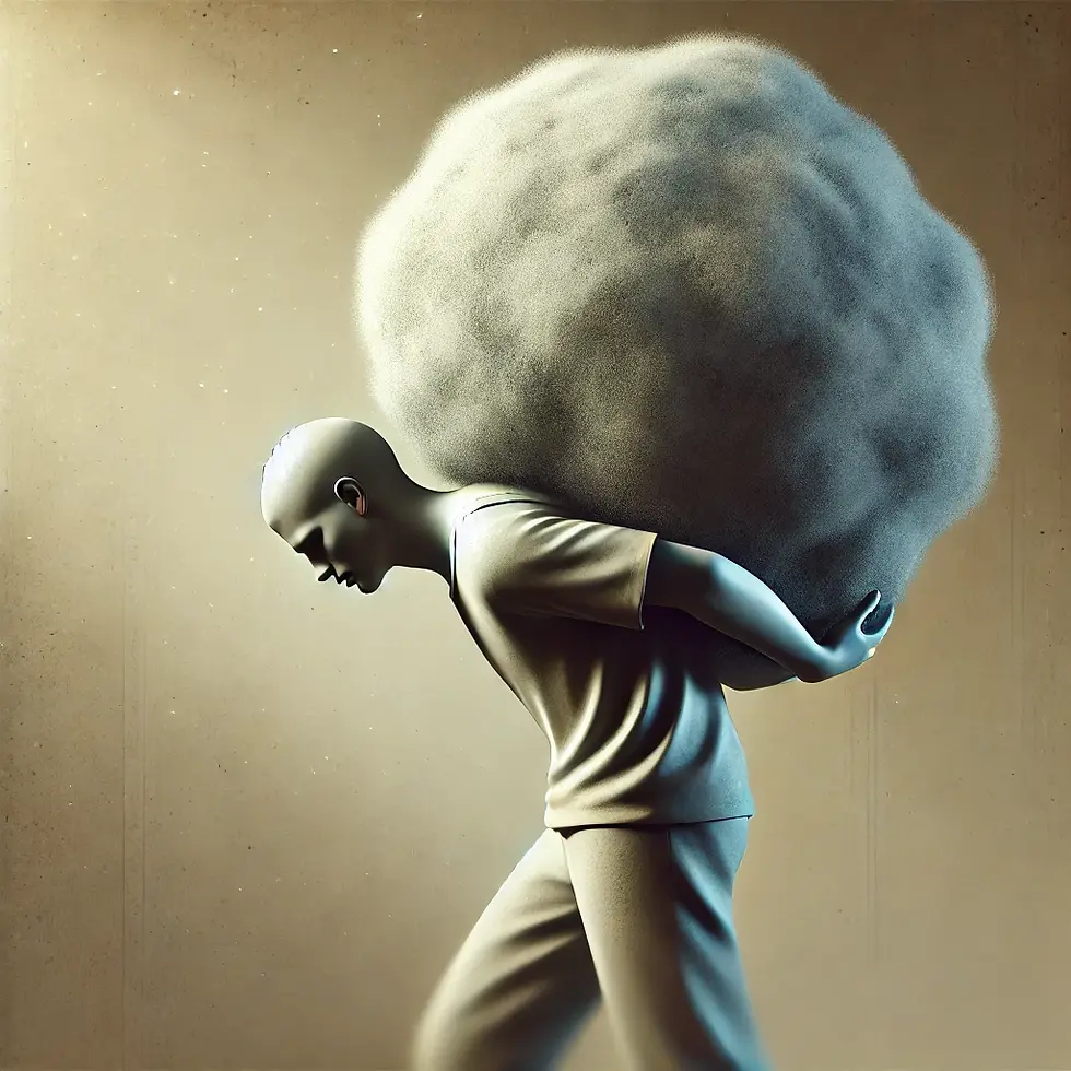 Stylized person carrying a giant boulder on their back, in a minimalist setting. Muted colors create a mood of struggle and determination.