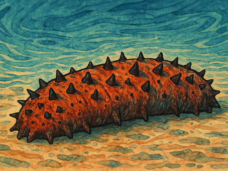 Spiky orange sea cucumber on a sandy seabed with swirling blue and green water above, creating a serene underwater scene.