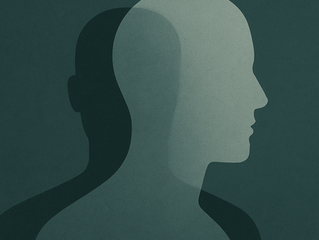 Silhouette of a head with a shadow on a dark teal background, creating a layered effect. Minimalist and contemplative mood.