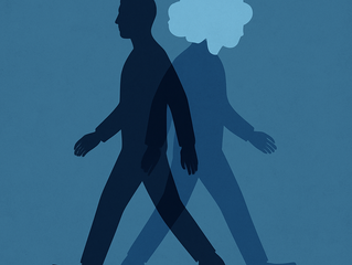 Silhouettes of two people walking in opposite directions, overlapping on a blue background. One has a cloud-shaped head, suggesting thoughtfulness.