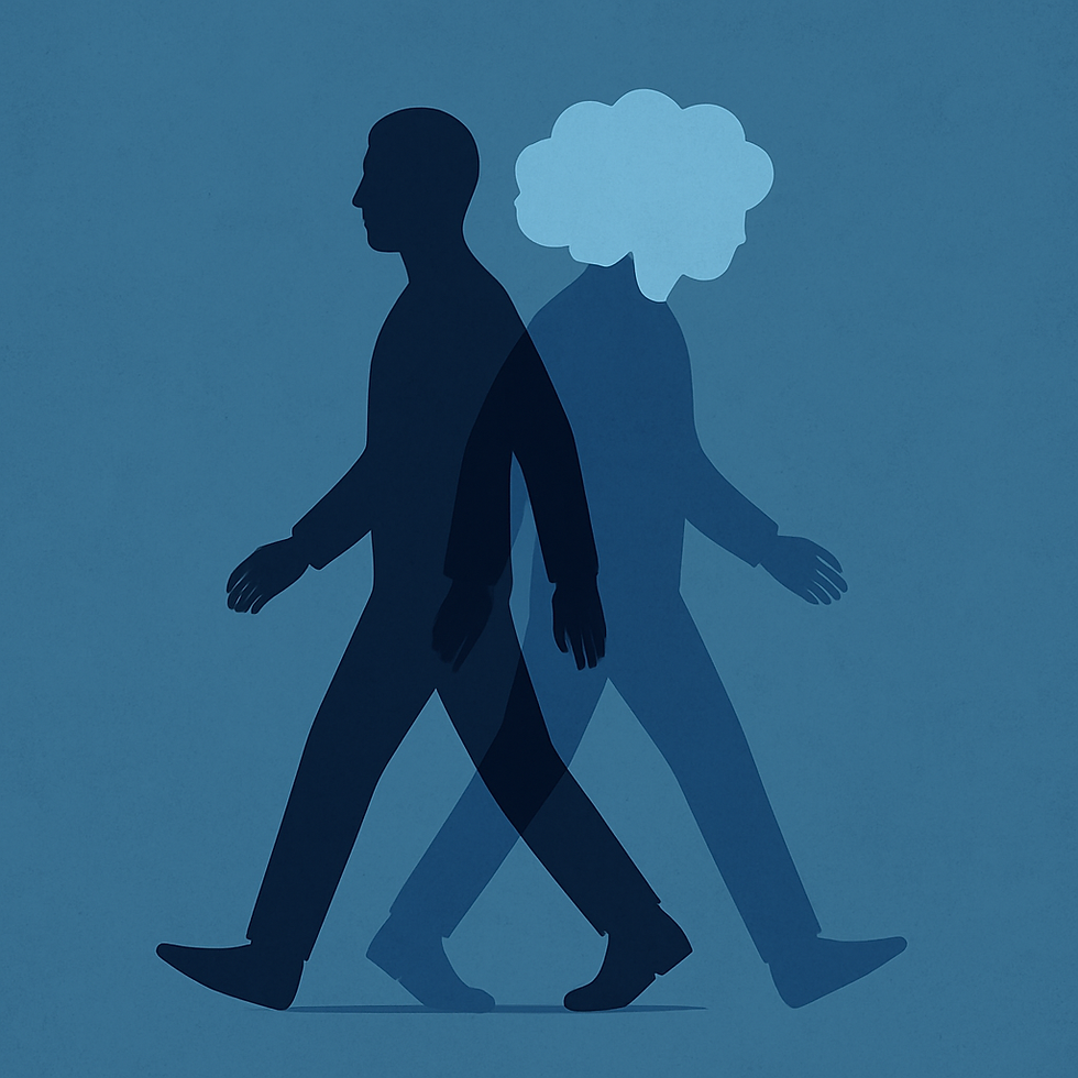 Silhouettes of two people walking in opposite directions, overlapping on a blue background. One has a cloud-shaped head, suggesting thoughtfulness.