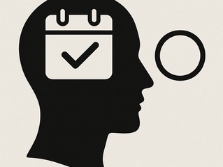 Silhouette of a head with a calendar checkmark inside, symbolizing planning. A circle is in front. Black on white background.