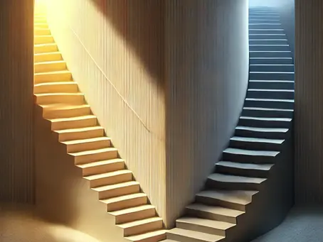 Curved stairs in a dim room split into warm yellow light on the left and cool blue light on the right, creating a tranquil ambiance.